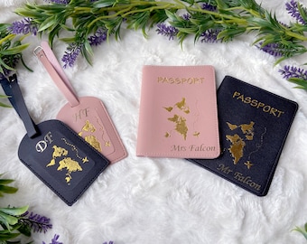 Mr and Mrs Passport cover and luggage tag set/his and hers passport holder/ honeymoon gift/couples passport case/wedding gift/Mr and Mrs