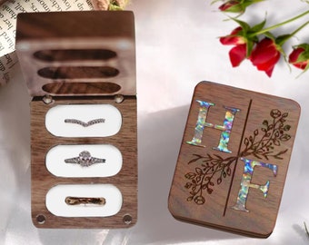 Custom Solid Wood Wedding Ring Box for Ceremony with 3 Slots, Inlay with Seashell, Engraved Ring Bearer Box for Engagement, Ring Holder Box