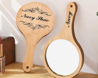 Personalized Printing Portable Wood Hand Mirrors with Handle, Custom Makeup Hand Mirror Gifts for Women Bridesmaid, Handle Round Mirror