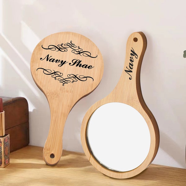 Personalized Printing Portable Wood Hand Mirrors with Handle, Custom Makeup Hand Mirror Gifts for Women Bridesmaid, Handle Round Mirror