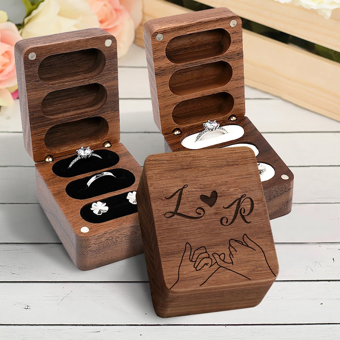 Custom Engraved Wooden Wedding Ceremony Ring Box, 3 Slots Ring Box