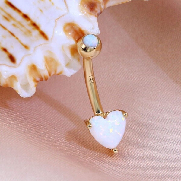 Belly Bar Dangle Belly Button Ring Piercing 925 Sterling Silver Heart Opal Belly Button Ring 14K Yellow Gold Plated for Women Valentine Gift
