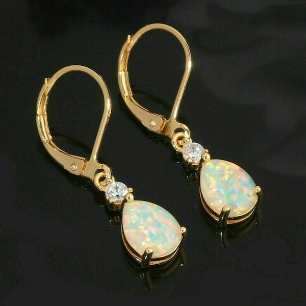 Brincos pendentes de opala de fogo com lapidação pera de 2,20 ct e acabamento em ouro amarelo 14k, presente de casamento para mulheres.