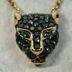3Ct Round cut Lab Created Black Sapphire Panther Pendant with Chain 14K Yellow Gold Plated.