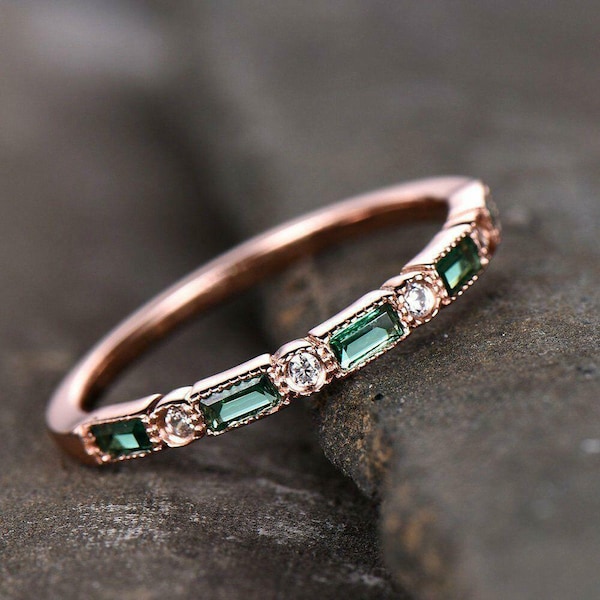 2ct Simulated Green Emerald Half Eternity Wedding Band Ring 14k Rose Gold Ovar