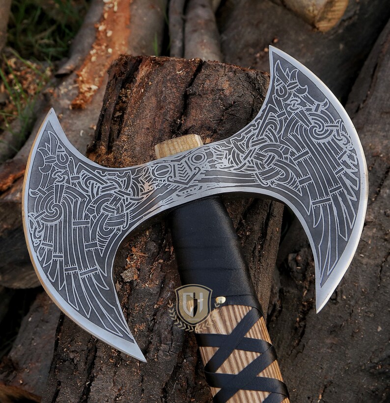 Hache Viking Double Tête En Acier Carbone - Avec Fourreau Cuir - Manche En Palissandre 30 Pouces - Fait Main