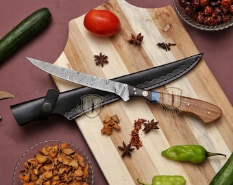 Beautiful Hand forged fillet knife, fishing knife, Chef knife, Damascus steel, Best gift for Birthday & valentine&#39;s Gift fathe&#39;s day