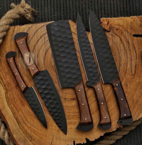 Handmade Chef Set With Leather Sheath, D2 Steel Black Coated Chef