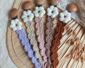 Gehaakt speenkoord met madeliefje //Crochet pacifier clip with daisy flower