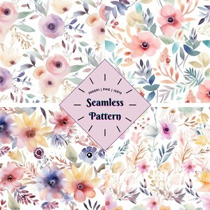 Watercolor Floral Seamless Pattern, Pastel Flowers Digital Paper Seamless File