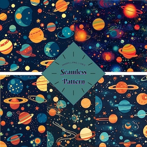 May include: A seamless pattern featuring a colorful space scene with planets, stars, and galaxies on a dark blue background. The pattern is perfect for creating unique and fun designs for fabric, wallpaper, and other creative projects.