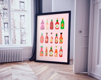 Hot Sauce Print Art, Trendy Food Kitchen Wall Art Print, Kitchen Art Poster, Digital Download, Food Art Print
