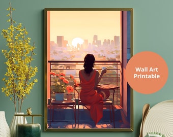 Indian Woman Chai Sunrise Art Print, South Asian Decor (Digital Download)