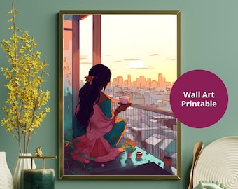 Indian Woman Drinking Chai Art Print, South Asian Decor (Digital Download)