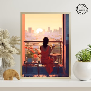 Indian Woman Drinking Chai at Sunrise Indian Art Desi Art Indian Art Woman Drinking Coffee Art Coffee Lover South Asian Print