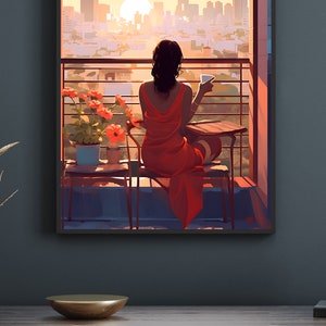 May include: A woman in a red dress sits on a balcony overlooking a city skyline at sunset. She is holding a cup and looking out at the view. There are potted plants on the balcony.