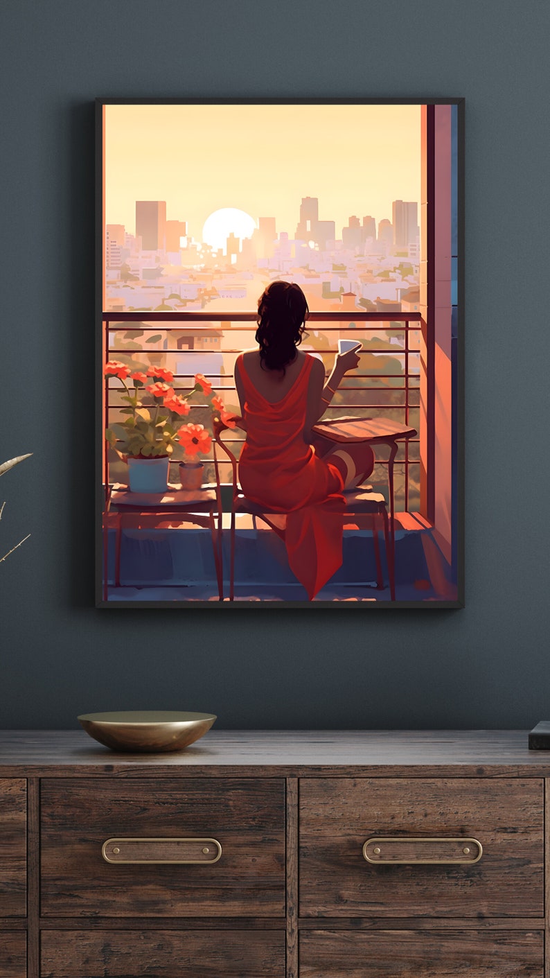 May include: A woman in a red dress sits on a balcony overlooking a city skyline at sunset. She is holding a cup and looking out at the view. There are potted plants on the balcony.