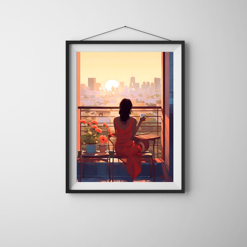 May include: A woman in a red dress sits on a balcony overlooking a city skyline at sunset. She is holding a cup and looking out at the view. There are potted plants on the balcony.