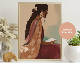 Indian Woman in Saree Reading Book art Indian Woman Art Desi Art South Asian Art  Boho Art Brown Girl Printable Poster