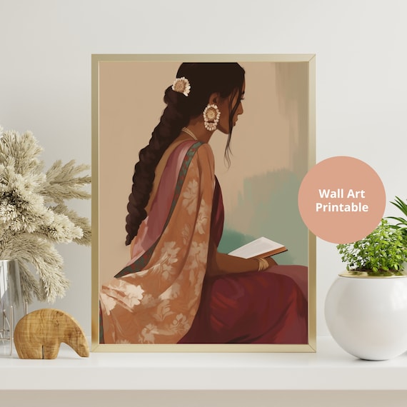 Indian Woman in Saree Reading Book art Indian Woman Art Desi Art South Asian Art  Boho Art Brown Girl Printable Poster