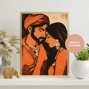Retro Romantic Indian Couple Indian Bride and Groom Indian Art Desi Art Indian Wall Art South Asian Art South Indian Art Desi Prints Desi