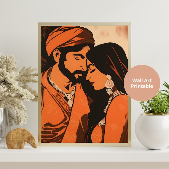Retro Romantic Indian Couple Indian Bride and Groom Indian Art