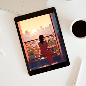 May include: A woman in a red dress sits on a balcony overlooking a city skyline at sunset. She is holding a cup of coffee and looking out at the view. There are potted plants with red flowers on the balcony.
