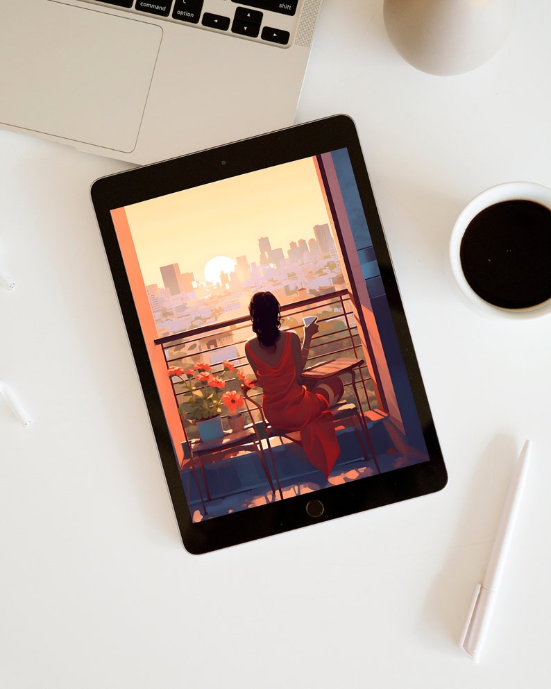 May include: A woman in a red dress sits on a balcony overlooking a city skyline at sunset. She is holding a cup of coffee and looking out at the view. There are potted plants with red flowers on the balcony.