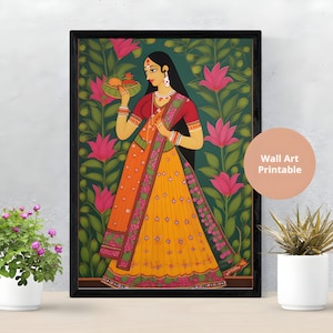 Indian Folk Wall Art Royal Indian Woman Painting Mughal Art Living Room Decor Printable Indian Vintage Painting Poster