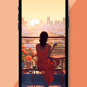 May include: A woman in a red dress sits on a balcony overlooking a city skyline at sunset. She is holding a cup and looking out at the view.