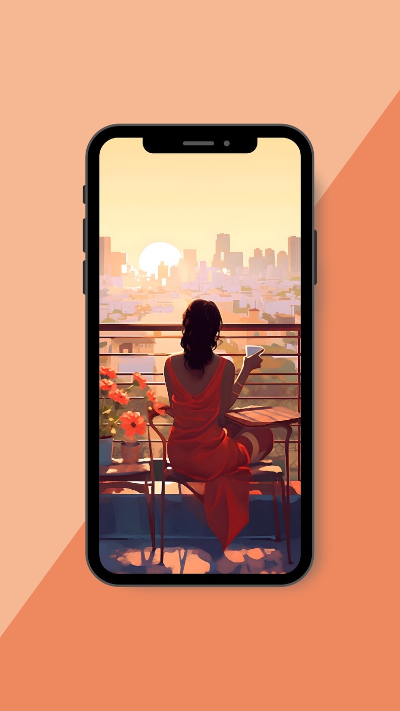 May include: A woman in a red dress sits on a balcony overlooking a city skyline at sunset. She is holding a cup and looking out at the view.