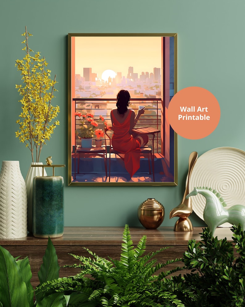 May include: A digital painting of a woman sitting on a balcony overlooking a city skyline at sunset. She is wearing a red dress and holding a cup of coffee. The painting is framed in a gold frame and is ready to be printed as wall art.
