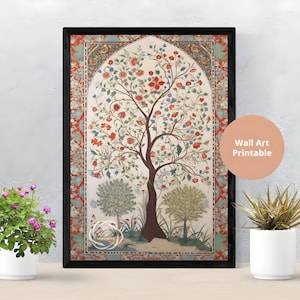 Indian Vintage Folk Art Blossoming Tree Floral Print Pichwai Painting Wall Art Poster for Home Decor Printable