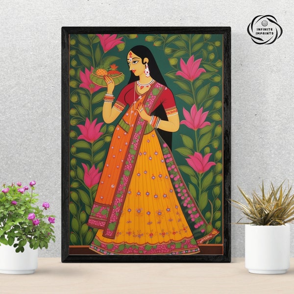 Indian Folk Wall Art Royal Indian Woman Painting Mughal Art Living Room Decor Indian Vintage Painting Poster