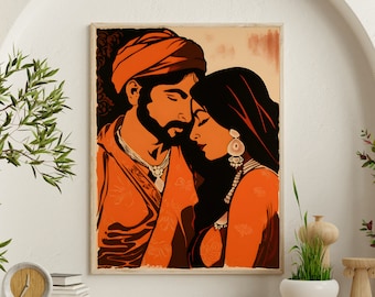 Retro Romantic Indian Couple Indian Bride and Groom Indian Art