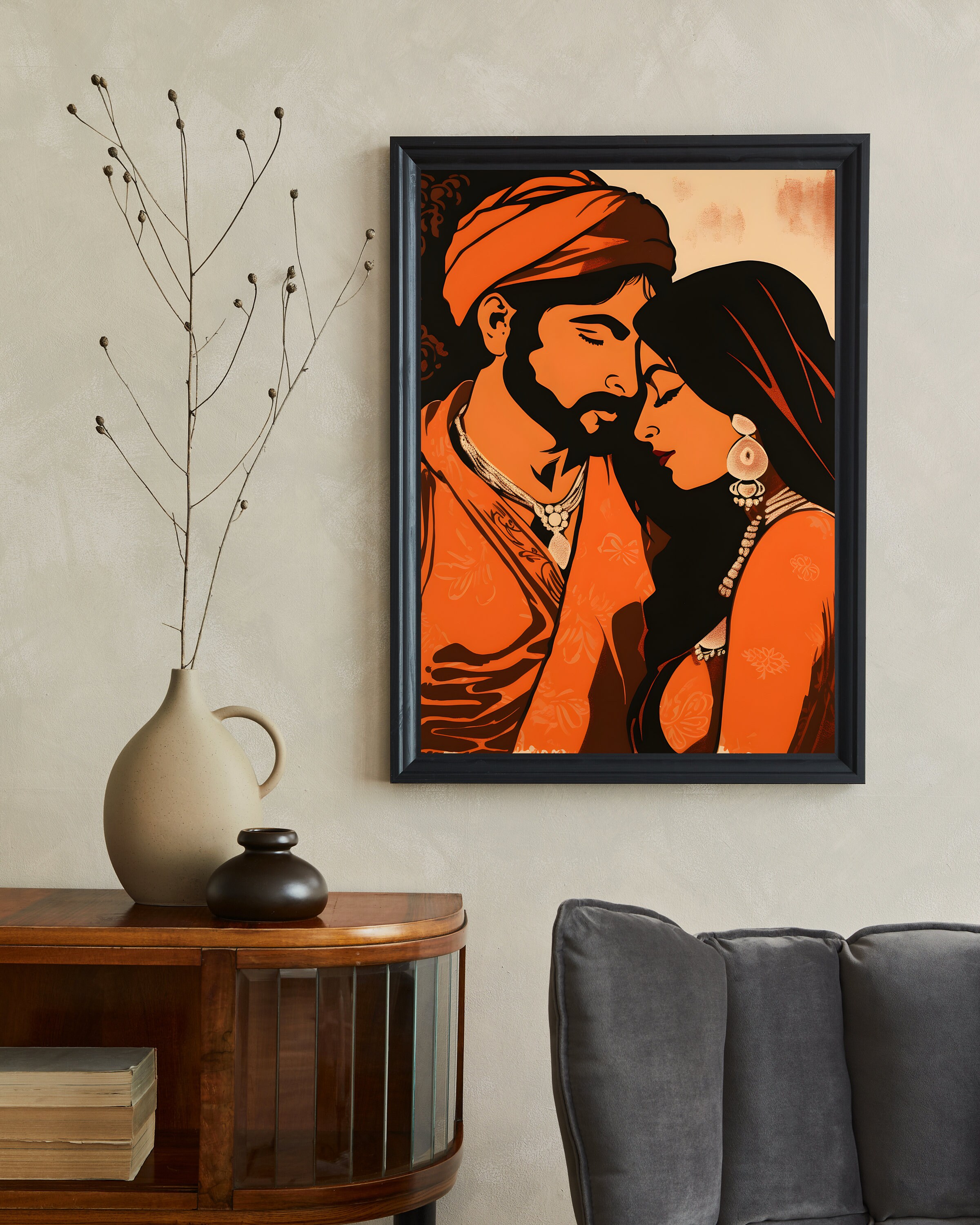 Retro Romantic Indian Couple Indian Bride and Groom Indian Art
