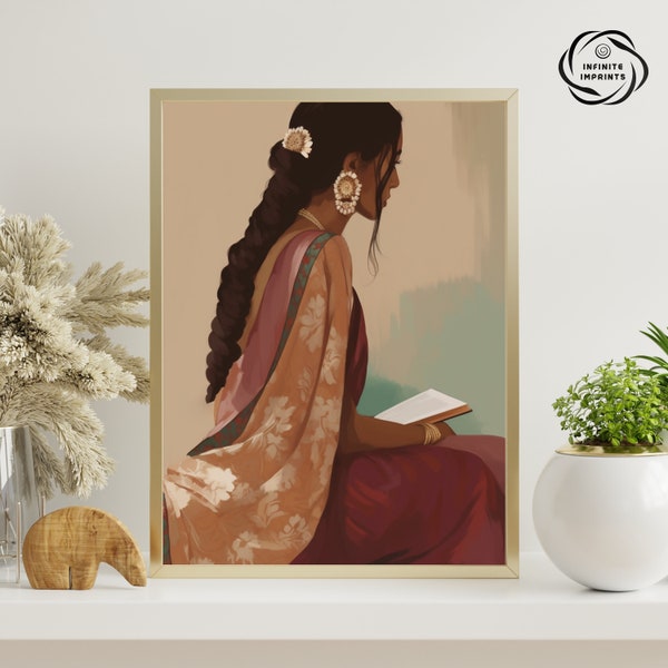 Indian Woman in Saree Reading Book Art Print Indian Woman Art Desi Art South Asian Art Boho Art Brown Girl Poster