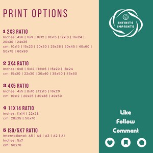 May include: A graphic detailing print size options, with measurements in inches and centimetres. The text reads "PRINT OPTIONS" and lists sizes for 2x3, 3x4, 4x5, 11x14, and ISO/5x7 ratios. The Infinite Imprints logo is visible.