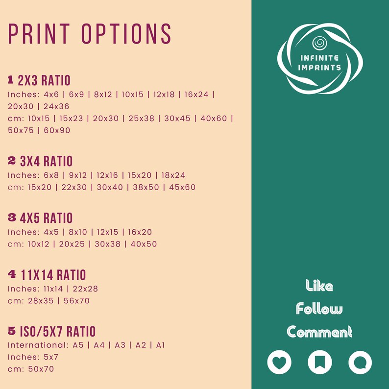 May include: A graphic detailing print size options, with measurements in inches and centimetres. The text reads "PRINT OPTIONS" and lists sizes for 2x3, 3x4, 4x5, 11x14, and ISO/5x7 ratios. The Infinite Imprints logo is visible.