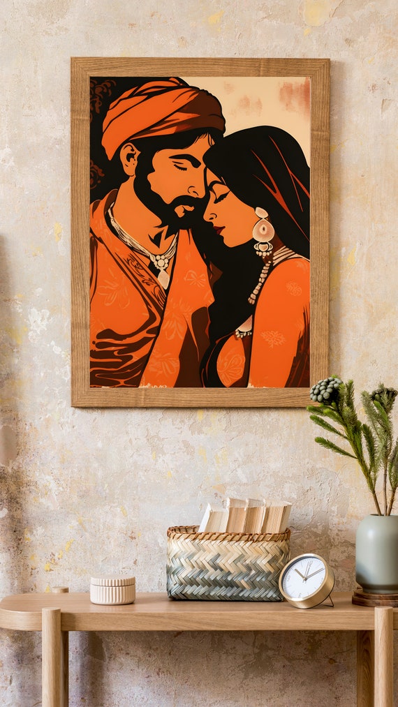 Retro Romantic Indian Couple Indian Bride and Groom Indian Art