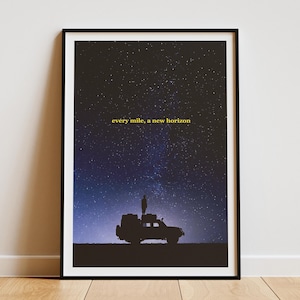 Abenteuer Zitat Poster Sternenhimmel Geländewagen Silhouette motivierende Wandkunst