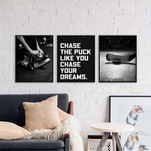 Hockey sport posters with inspirational quote for teen boy room decor printable set of 3 wall art prints in black & white