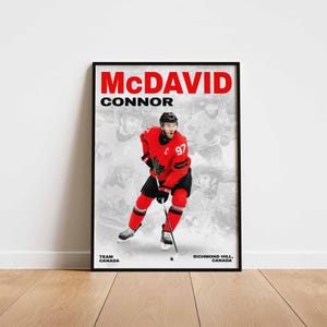 May include: A framed poster featuring Connor McDavid in a red hockey jersey with the number 97. The poster has the text "McDAVID CONNOR" in red and black. The background shows a faded image of other hockey players.