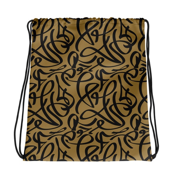 Drawstring Bag with Calligraphy Lines in Gold and Brown