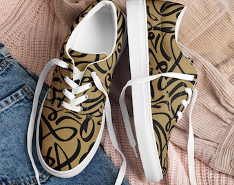 Men’s lace-up canvas shoes with abstract strokes on gold-brown background, men's summer fashion, calligraphy design