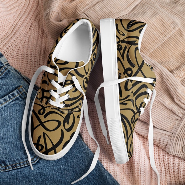 Men’s lace-up canvas shoes with abstract strokes on gold-brown background, men's summer fashion, calligraphy design