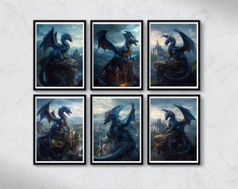 Dragon Prints Set of 6, Fantasy Prints Set, Dragon Decor, Fantasy Wall Art Printable Set of 6 Dragon Prints, Fantasy Wall Decor, Dragon Gift
