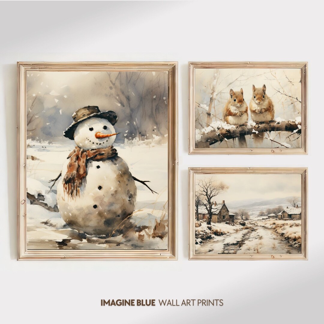 Vintage Winter Prints Set, Winter Gallery Wall Set of 3 Prints, Rustic ...