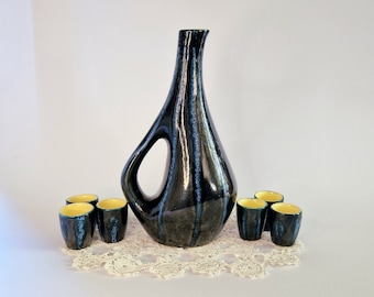 Retro Tófej Borrelglaasjes set met zes kopjes en een kan Vintage handgemaakte keramische borrelglaasjes MCM kobaltblauwe vintage borrelglaasjes