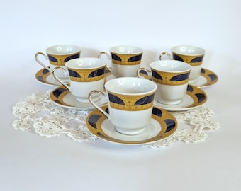 Vintage Tea Cup Set of Six with Saucers Fine China Porcelain Coffee Cup Set Gold and Blue Art Deco Art Nouveau Design Fairy Academia Goth